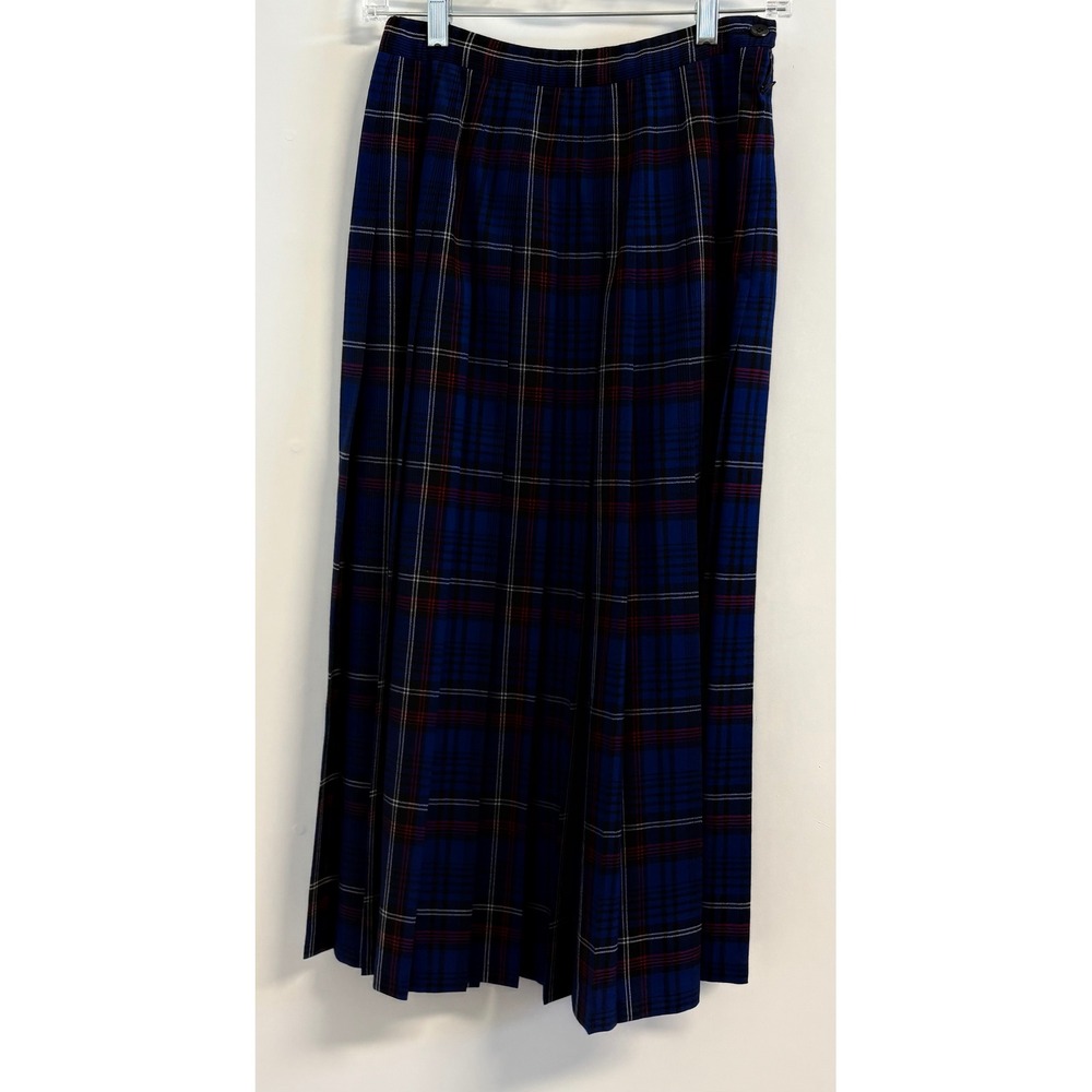 Vintage Pendleton Wool Plaid Pleated Midi Skirt Blue Tartan Size 6 Made in USA